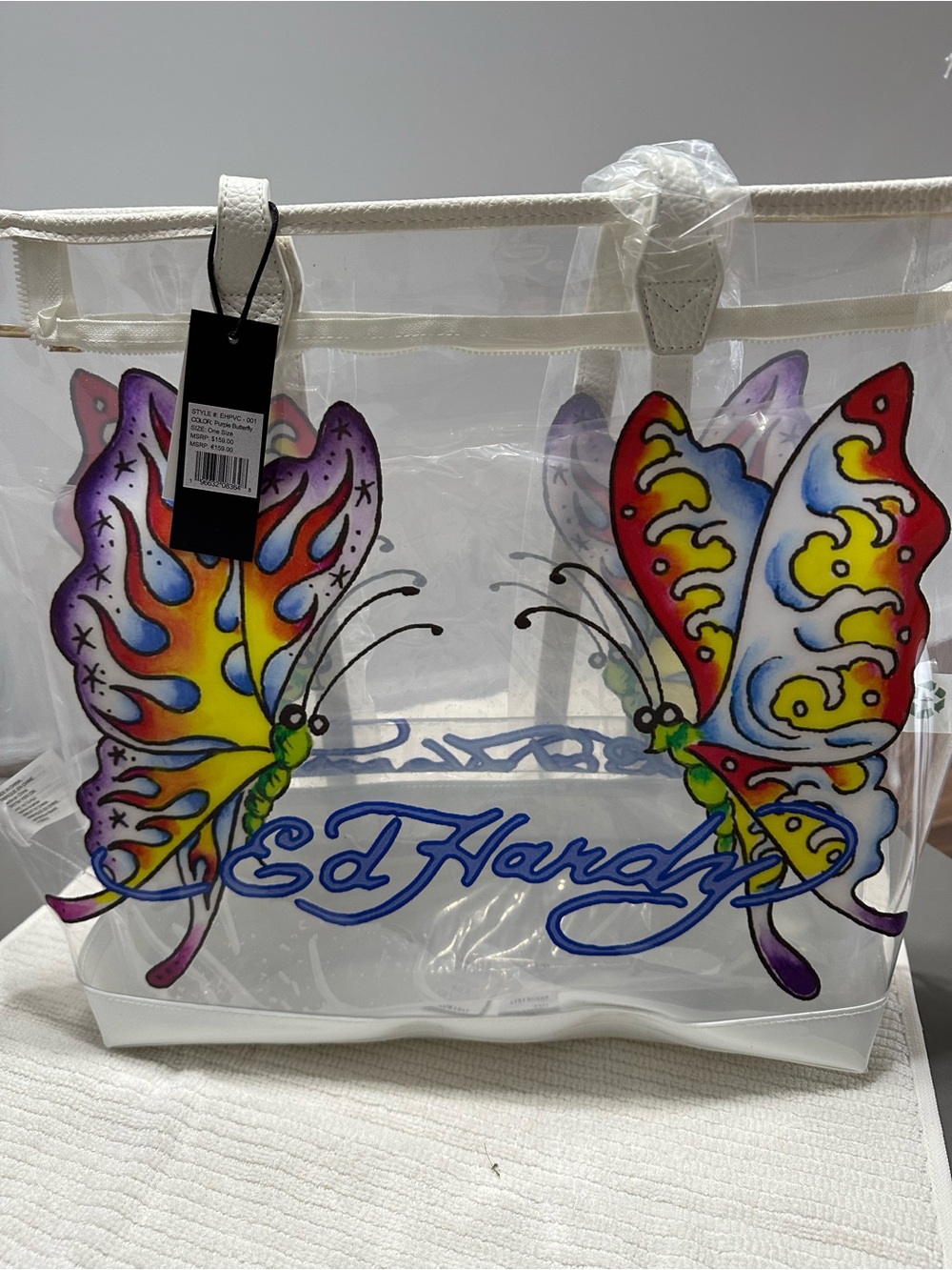 Ed Hardy Transparent Tote with Vibrant Butterfly Art and White Trim